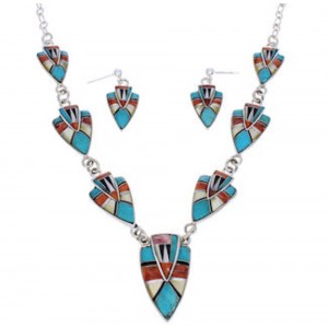 Silver Southwest Jewelry Multicolor Earrings Link Necklace Set PX36873