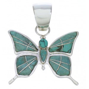 Southwest Turquoise Inlay Butterfly Sterling Silver Pendant EX28679