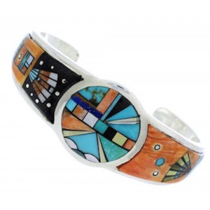 Southwestern Silver Sun Multicolor Inlay Cuff Bracelet MX27376