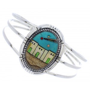 Native American Village Design Multicolor Silver Cuff Bracelet MX27453