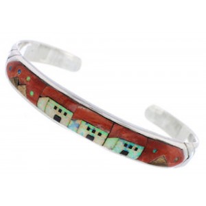 Multicolor Native American Village Design Silver Cuff Bracelet MX27593
