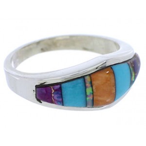 Southwestern Multicolor Inlay Silver Ring Size 5-3/4 EX51013