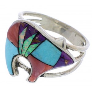 Southwest Sterling Silver Multicolor Inlay Bear Ring Size 7-1/2 CX52531