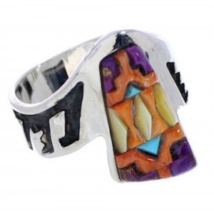 Sterling Silver Multicolor Inlay Ring Size 8-1/4 EX56678