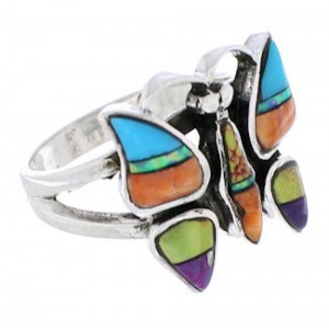 Multicolor Inlay Butterfly Sterling Silver Ring Size 5-3/4 EX61250
