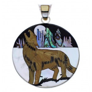 Genuine Sterling Silver And Multicolor Inlay Coyote Pendant EX29692