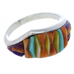 Sterling Silver And Multicolor Inlay Ring Size 6-3/4 EX50527