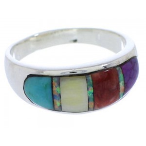 Southwest Sterling Silver Multicolor Inlay Ring Size 8-1/4 EX50587