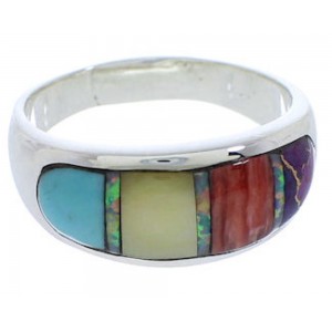 Southwestern Multicolor Inlay Silver Ring Size 7-1/2 EX50595