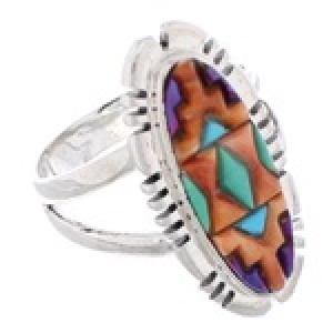 Multicolor Inlay And Sterling Silver Jewelry Ring Size 7-1/2 EX21967