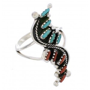 Turquoise Coral Needlepoint And Silver Jewelry Ring Size 4-3/4 YX34184