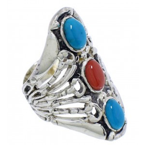 Turquoise And Coral Sterling Silver Ring Size 5-3/4 UX32885