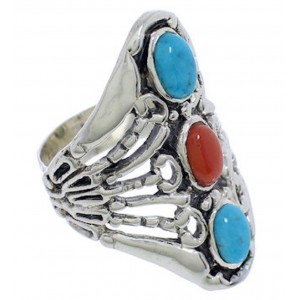 Coral Turquoise Sterling Silver Ring Size 6-1/2 UX32919