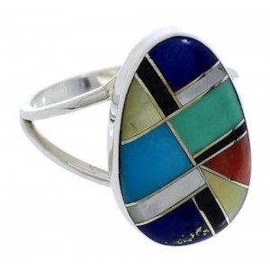 Southwestern Multicolor Inlay Sterling Silver Ring Size 7-1/2 TX39228