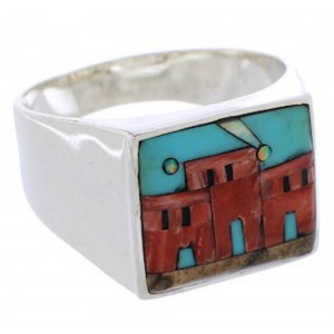 Multicolor Native American Design Silver Ring Size 9-3/4 EX42403