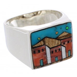 Multicolor Native American Design Silver Ring Size 9-3/4 EX42413