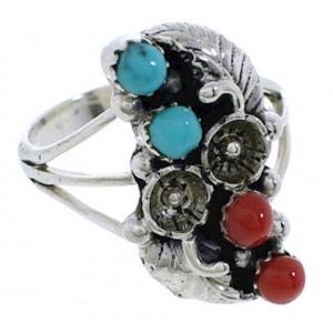 Silver Southwest Turquoise And Coral Flower Ring Size 4-3/4 EX45307