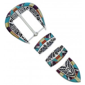 Multicolor Inlay Southwest Sterling Silver Ranger Belt Buckle TX40803