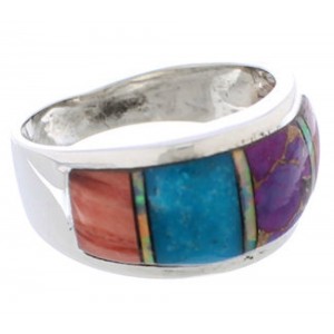 Multicolor Inlay Southwestern Silver Ring Size 8-3/4 EX50896