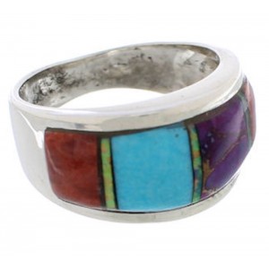 Genuine Sterling Silver And Multicolor Inlay Ring Size 6-3/4 EX50898