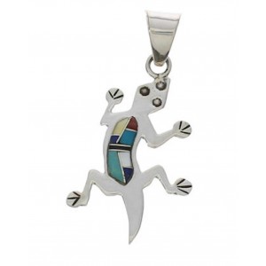 Turquoise And Multicolor Lizard Sterling Silver Pendant EX29377