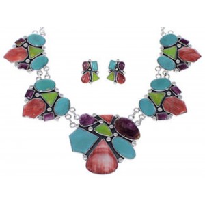 Multicolor And Sterling Silver Link Necklace And Earrings Set EX32905
