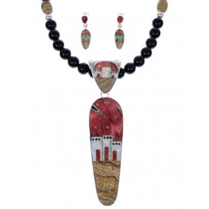 Native American Village Multicolor Inlay Pendant Necklace Set PX35216