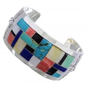Multicolor Inlay Sterling Silver Southwest Cuff Bracelet FX27901