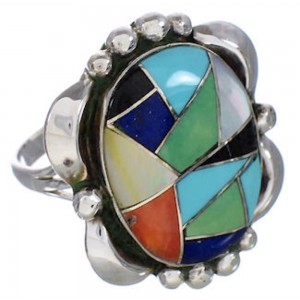 Southwestern Sterling Silver Multicolor Inlay Ring Size 8-3/4 UX33627