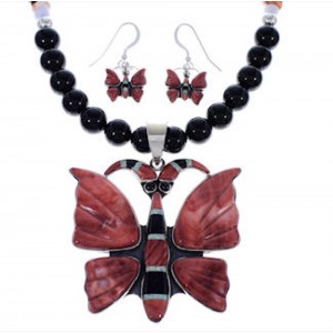 Silver Multicolor Butterfly Southwest Pendant Necklace Set PX34898