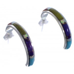 Multicolor Inlay Silver Post Hoop Earrings PX24885