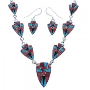 Sterling Silver Multicolor Inlay Link Necklace Earrings Set PX36957