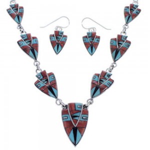 Southwest Silver Jewelry Multicolor Link Necklace And Earrings PX36959