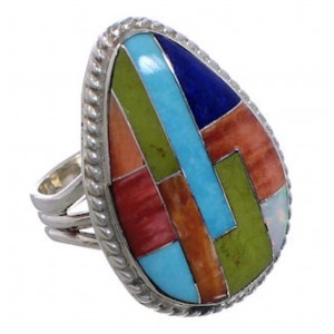 Multicolor Inlay Southwest Sterling Silver Ring Size 7-1/4 EX50753