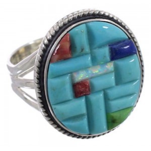 Southwest Multicolor Inlay Genuine Sterling Silver Ring Size 6-3/4 CX51645