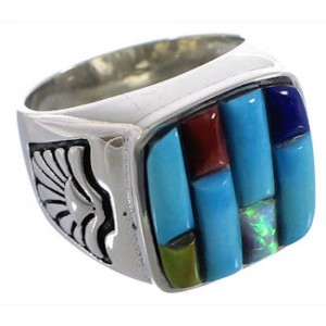 Multicolor Inlay Southwestern Sterling Silver Ring Size 8 CX50023