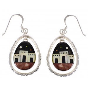 Multicolor Silver Native American Village Design Hook Earrings PX31392