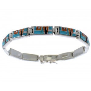 Multicolor Inlay And Genuine Sterling Silver Link Bracelet FX27823