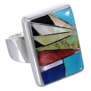 Sturdy Sterling Silver And Multicolor Inlay Ring Size 7-1/2 WX37570