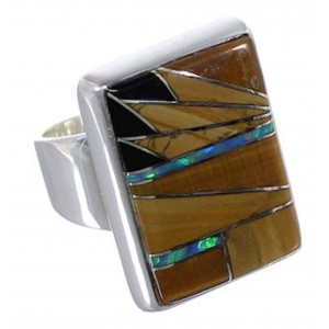Substantial Multicolor Inlay Sterling Silver Ring Size 8-1/4 WX37738