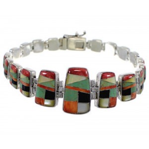 Multicolor Inlay Sterling Silver Whiterock Link Bracelet RS46044