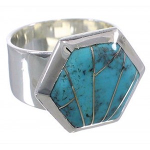 Turquoise Inlay Substantial Silver Ring Size 6-1/4 EX40568