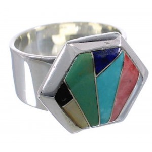 Well-Built Multicolor Inlay Silver Ring Size 7-3/4 EX40617