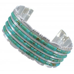 Turquoise Inlay Southwest Sterling Silver Heavy Cuff Bracelet EX28736