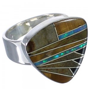 Sturdy Multicolor Inlay Silver Jewelry Ring Size 7-1/4 PX40499