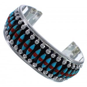 Southwest Turquoise Coral Well-Built Silver Cuff Bracelet EX28333