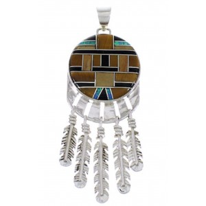 Southwest Multicolor Inlay Sterling Silver Feather Pendant PX28999