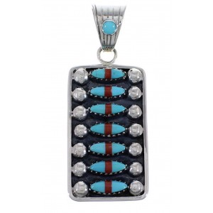 Turquoise And Coral Southwest Sterling Silver Pendant EX28836
