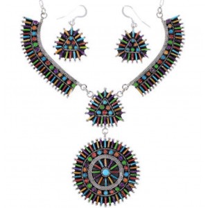 Silver Jewelry Turquoise Multicolor Link Necklace Set HS28583 