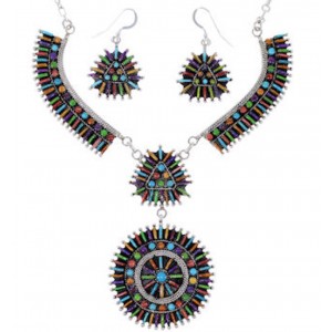 Turquoise Multicolor Link Necklace Earrings Jewelry Set NS34987 